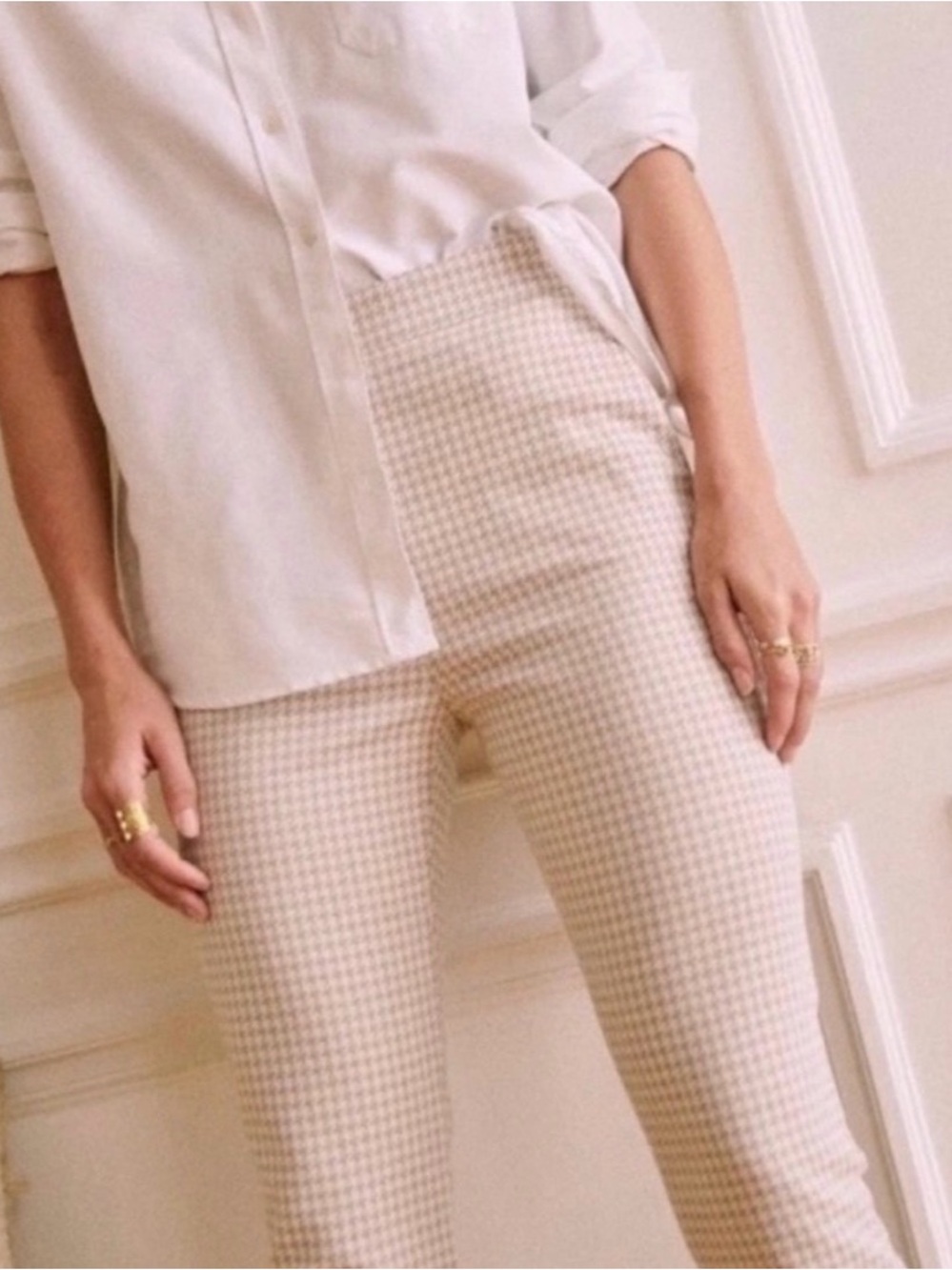 Sezane Clara Houndstooth Knit Pants Ecru/Beige French size 34